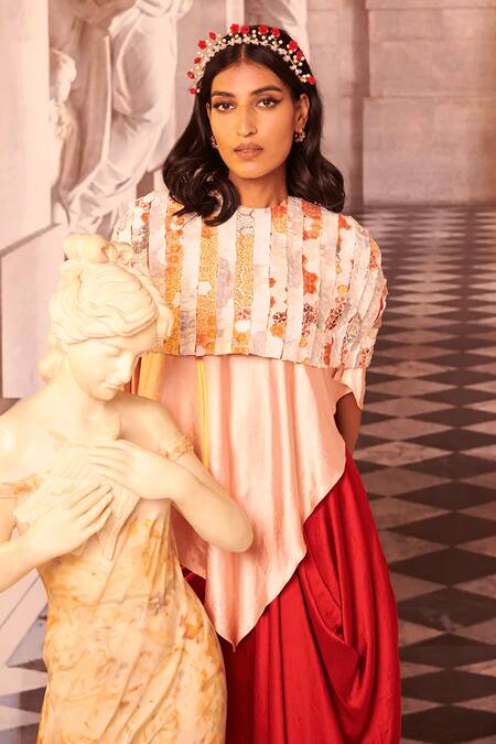 Shop Gauri Dhawan Pink Satin Round Neck Asymmetric Triangle Tunic Online at Aza Fashions Shop_Gauri Dhawan_Pink Satin Round Neck Asymmetric Triangle Tunic_Online_at_Aza_Fashions