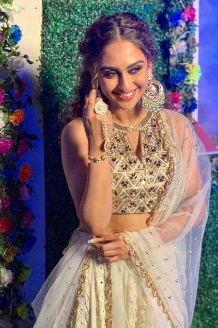 Shop Aaryaa By Kashveen Kohli Off White Georgette, Net Mirrors, Embroidery Round Neck Hand Blouse Lehenga Set Online at Aza Fashions Shop_Aaryaa By Kashveen Kohli_Off White Georgette, Net Mirrors, Embroidery Round Neck Hand Blouse Lehenga Set _Online_at_Aza_Fashions