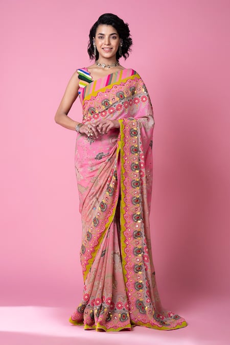 Buy Siddhartha Bansal Pink Crepe Embroidery, Sequins Scoop Neck Floral Print And Saree With Blouse Online at Aza Fashions Buy_Siddhartha Bansal_Pink Crepe Embroidery, Sequins Scoop Neck Floral Print And Saree With Blouse _Online_at_Aza_Fashions