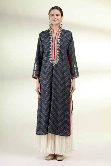 Buy Gopi Vaid Black Cotton Silk V Neck Embroidered Tunic And Sharara Set Online at Aza Fashions Buy_Gopi Vaid_Black Cotton Silk V Neck Embroidered Tunic And Sharara Set _Online_at_Aza_Fashions