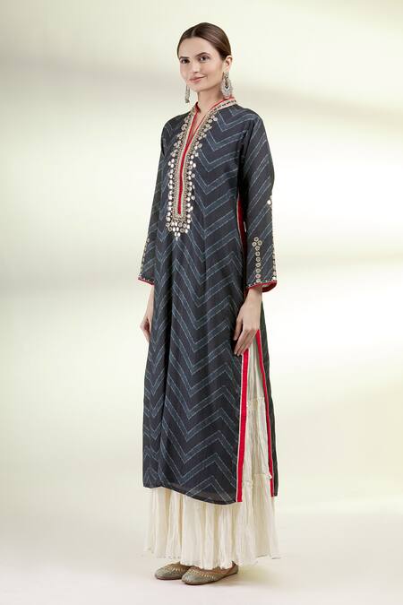 Shop Gopi Vaid Black Cotton Silk V Neck Embroidered Tunic And Sharara Set Online at Aza Fashions Shop_Gopi Vaid_Black Cotton Silk V Neck Embroidered Tunic And Sharara Set _Online_at_Aza_Fashions