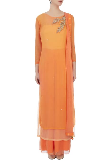 Arpan Vohra_Orange Georgette Embroidered Boat Neck Kurta With Dupatta _Online_at_Aza_Fashions