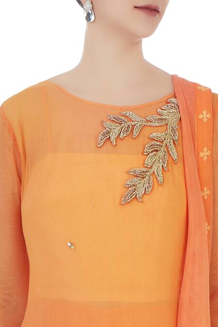 Buy_Arpan Vohra_Orange Georgette Embroidered Boat Neck Kurta With Dupatta _Online_at_Aza_Fashions