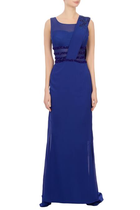 Arpan Vohra Blue Georgette Square Neck Embellished Saree Gown Online at Aza Fashions Arpan Vohra_Blue Georgette Square Neck Embellished Saree Gown _Online_at_Aza_Fashions