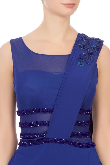 Buy Arpan Vohra Blue Georgette Square Neck Embellished Saree Gown Online at Aza Fashions Buy_Arpan Vohra_Blue Georgette Square Neck Embellished Saree Gown _Online_at_Aza_Fashions