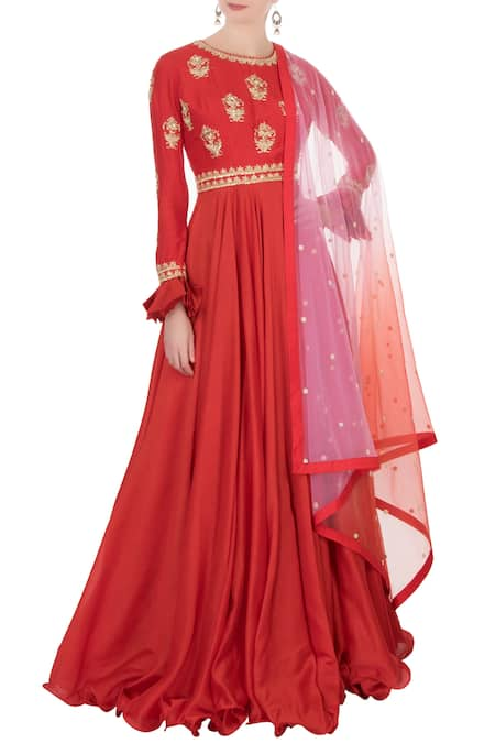 Anushree Reddy Red Chanderi Silk Anarkali With Dupatta