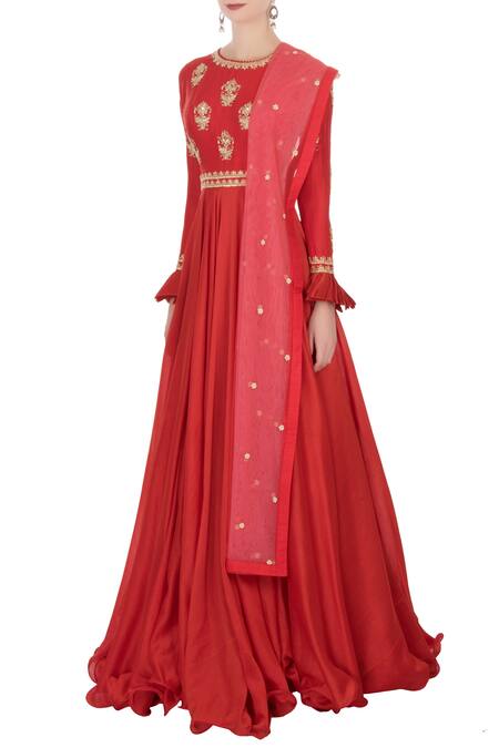 Buy_Anushree Reddy_Red Chanderi Silk Anarkali With Dupatta_Online_at_Aza_Fashions