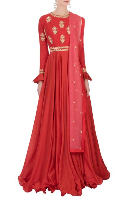 Shop_Anushree Reddy_Red Chanderi Silk Anarkali With Dupatta_Online_at_Aza_Fashions