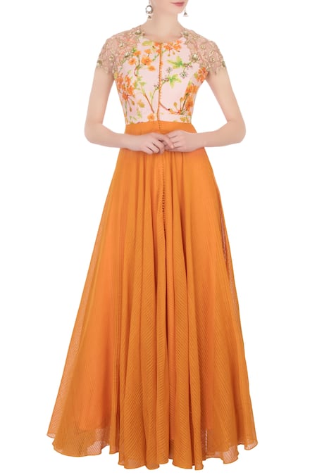 Anushree Reddy Orange Raw Silk Embroidered Anarkali Set