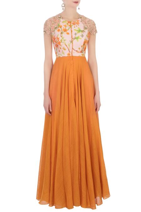 Shop_Anushree Reddy_Orange Raw Silk Embroidered Anarkali Set_Online_at_Aza_Fashions