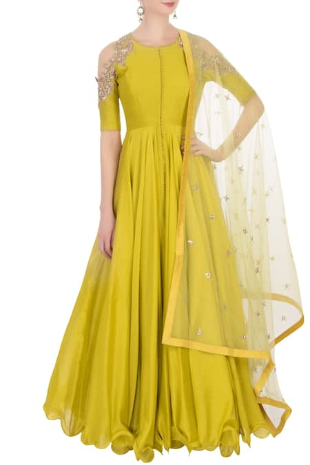 Anushree Reddy Yellow Chanderi Silk Anarkali With Dupatta