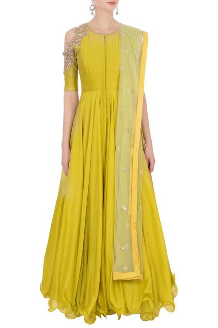Shop_Anushree Reddy_Yellow Chanderi Silk Anarkali With Dupatta_Online_at_Aza_Fashions