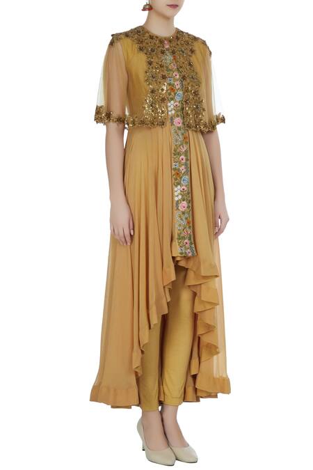 Debyani + CO Yellow Chanderi, Chiffon, Cotton Lycra Cape , Kurta With Set Online at Aza Fashions Debyani + CO_Yellow Chanderi, Chiffon, Cotton Lycra Cape , Kurta With Set _Online_at_Aza_Fashions