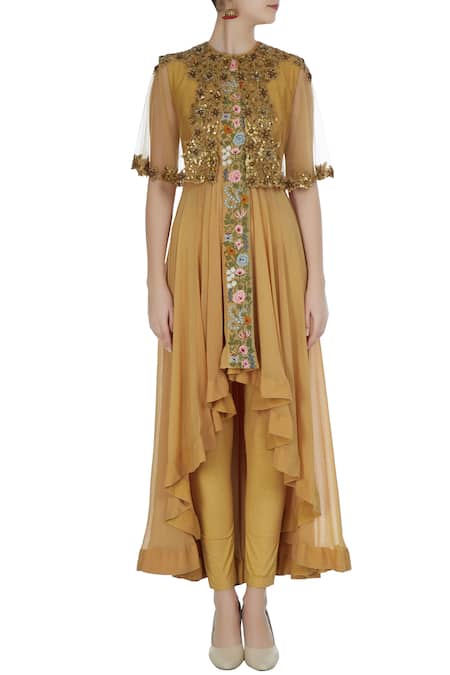 Shop Debyani + CO Yellow Chanderi, Chiffon, Cotton Lycra Cape , Kurta With Set Online at Aza Fashions Shop_Debyani + CO_Yellow Chanderi, Chiffon, Cotton Lycra Cape , Kurta With Set _Online_at_Aza_Fashions