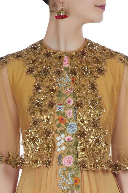 Debyani + CO Yellow Chanderi, Chiffon, Cotton Lycra Cape , Kurta With Set at Aza Fashions Debyani + CO_Yellow Chanderi, Chiffon, Cotton Lycra Cape , Kurta With Set _at_Aza_Fashions