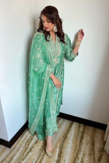 Shop_Gopi Vaid_Blue Dupatta Organza, Kurta And Sharara Tussar Silk Thread & Embroidered Set _at_Aza_Fashions
