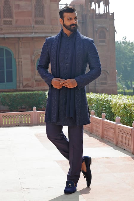Shop Vanshik Blue Raw Silk, Crepe Embroidered Sherwani Set at Aza Fashions Shop_Vanshik_Blue Raw Silk, Crepe Embroidered Sherwani Set _at_Aza_Fashions