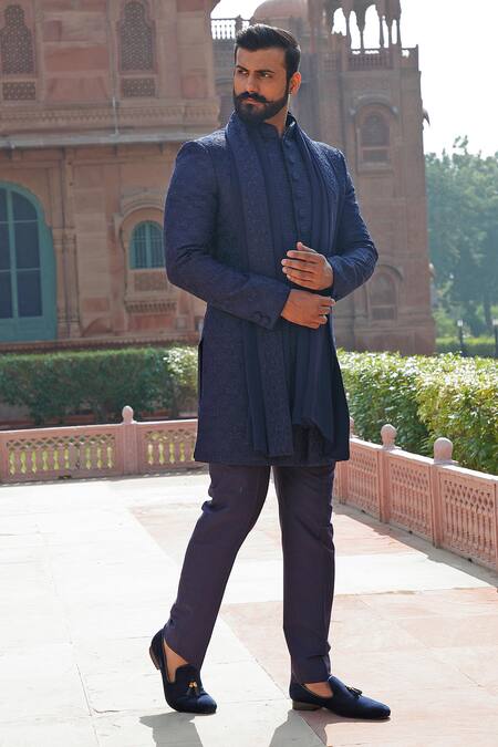 Vanshik Blue Raw Silk, Crepe Embroidered Sherwani Set Online at Aza Fashions Vanshik_Blue Raw Silk, Crepe Embroidered Sherwani Set _Online_at_Aza_Fashions
