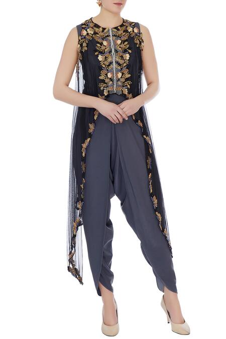 Ayesha Aejaz Grey Round Jumpsuit With Embroidered Cape For Women