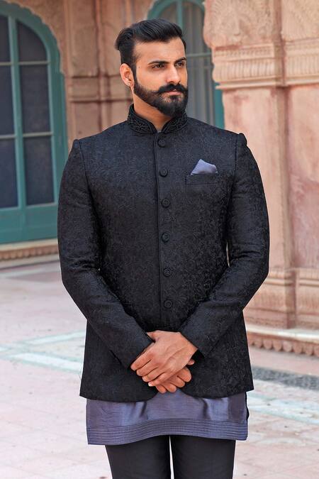 Vanshik_Black Raw Silk Embroidered Bundi And Kurta Set_Online_at_Aza_Fashions