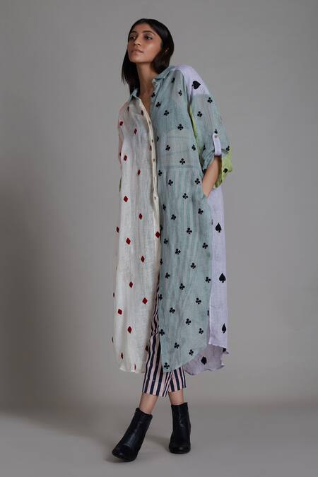 Buy_MATI_1_Multi Color Pure Linen Thread Spread Collar Button Down Tunic _Online_at_Aza_Fashions