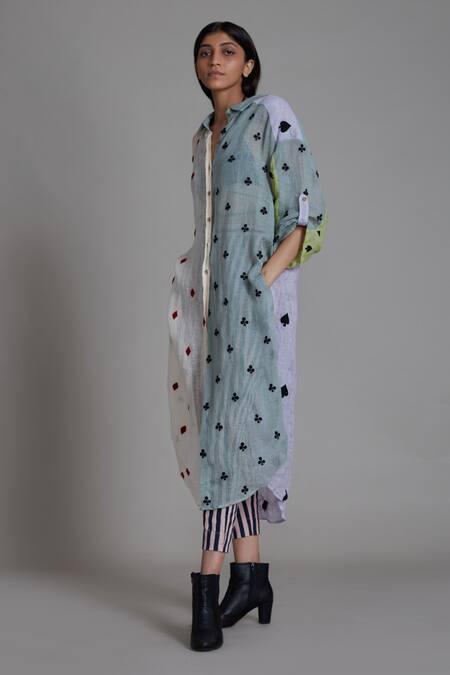 Shop_MATI_1_Multi Color Pure Linen Thread Spread Collar Button Down Tunic _Online_at_Aza_Fashions