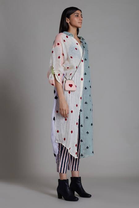 MATI_1_Multi Color Pure Linen Thread Spread Collar Button Down Tunic _at_Aza_Fashions