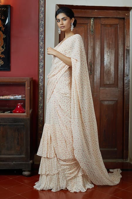 Arpita Mehta Off White Polka Print Pre-draped Saree With Blouse Online at Aza Fashions Arpita Mehta_Off White Polka Print Pre-draped Saree With Blouse _Online_at_Aza_Fashions