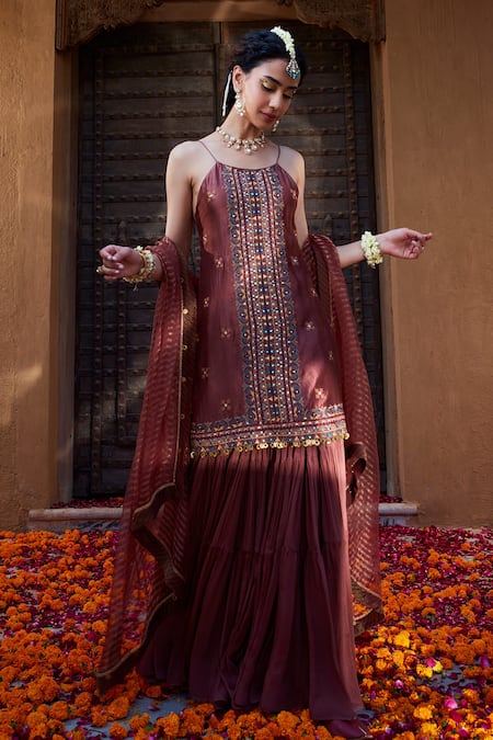 Buy_Kritika Dawar_Brown Silk, Chiffon, Tissue Embroidery, Mirrors Thread And Kurta Sharara Set _Online_at_Aza_Fashions