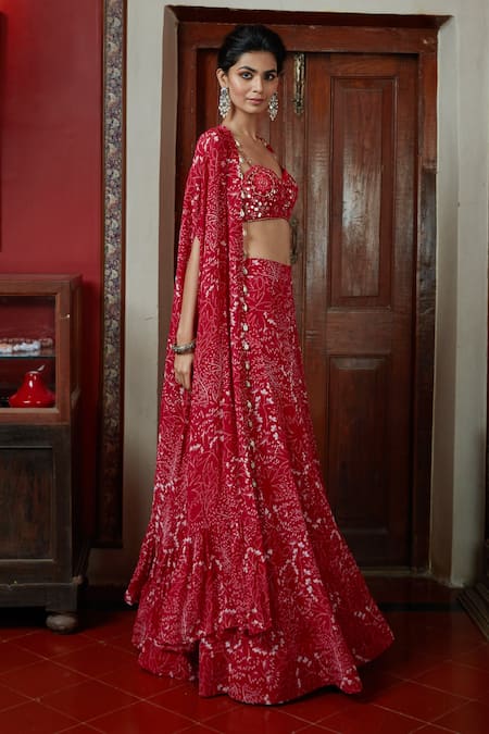 Arpita Mehta_Red Georgette Embroidery, Mirrors Sweetheart Neck Flower Blouse And Sharara Set_Online_at_Aza_Fashions