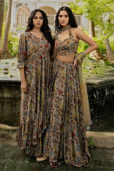 Amrin Khan_Green Modal Satin And Organza Print & Embroidery Kalamkari & Thread Lehenga Set _Online_at_Aza_Fashions