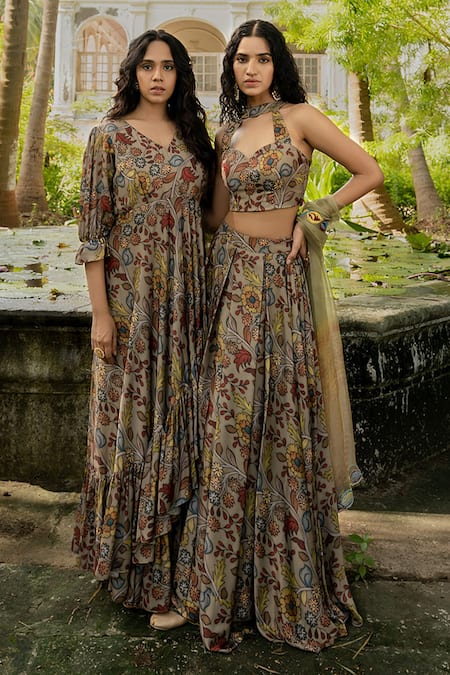 Buy_Amrin Khan_Green Modal Satin Kalamkari V Neck Print Layered Dress _Online_at_Aza_Fashions