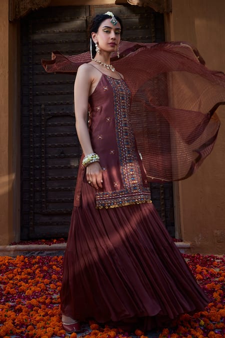 Shop_Kritika Dawar_Brown Silk, Chiffon, Tissue Embroidery, Mirrors Thread And Kurta Sharara Set _Online_at_Aza_Fashions