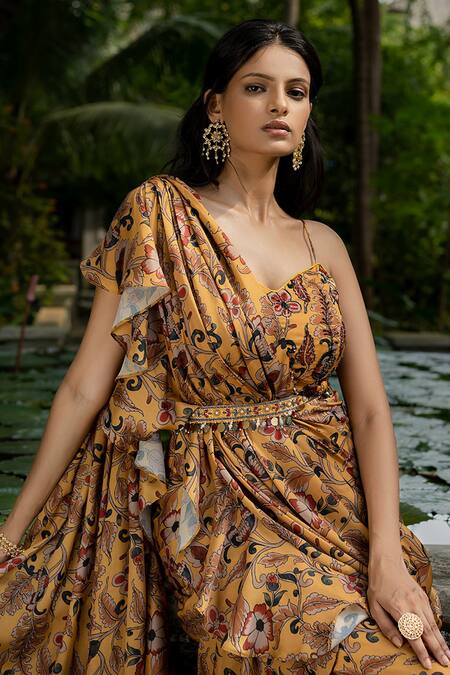 Buy Amrin Khan Yellow Modal Satin Print And Embroidery Pre-draped Saree With Blouse Online at Aza Fashions Buy_Amrin Khan_Yellow Modal Satin Print And Embroidery Pre-draped Saree With Blouse _Online_at_Aza_Fashions