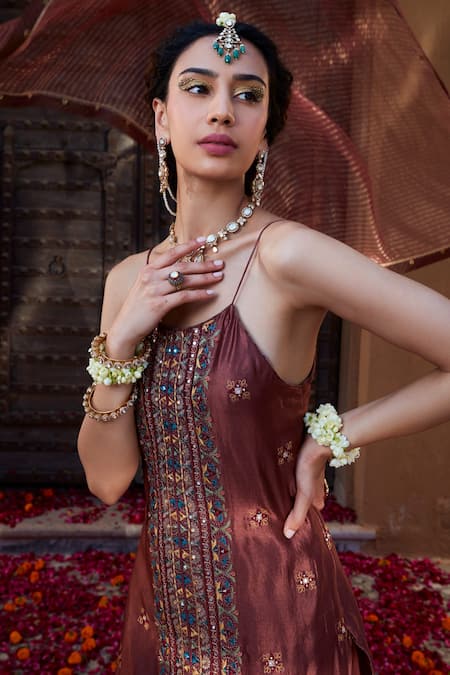 Kritika Dawar_Brown Silk, Chiffon, Tissue Embroidery, Mirrors Thread And Kurta Sharara Set _at_Aza_Fashions