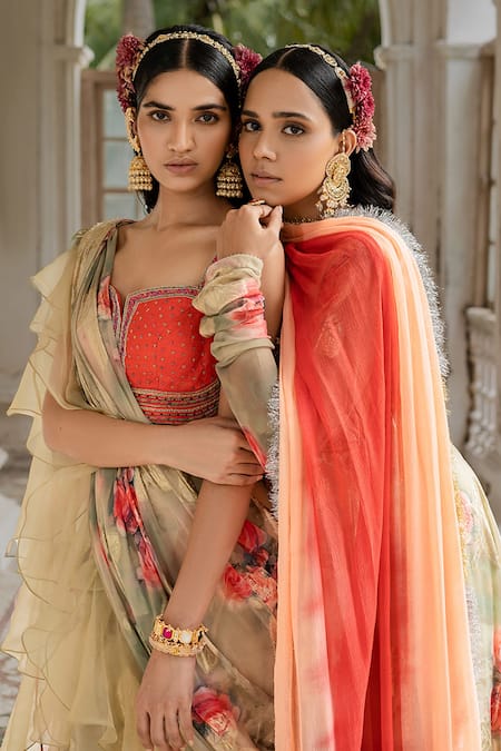 Buy_Amrin Khan_Green Georgette Floral Print And Beads Notched Saree With Blouse _Online_at_Aza_Fashions