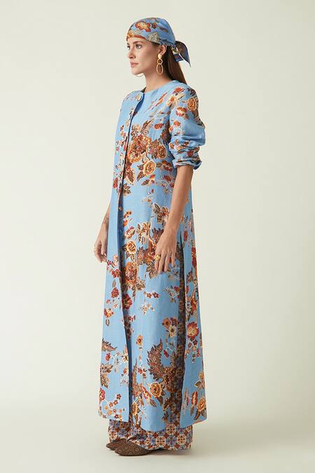 Payal Pratap_Blue Linen Satin Print Flower Collared Neck Muria Floral Jacket _Online_at_Aza_Fashions