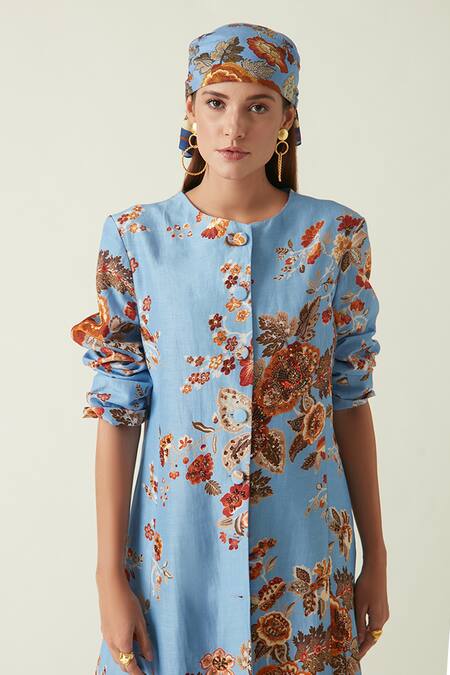 Buy_Payal Pratap_Blue Linen Satin Print Flower Collared Neck Muria Floral Jacket _Online_at_Aza_Fashions