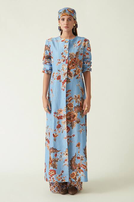 Shop Payal Pratap Blue Linen Satin Print Flower Collared Neck Muria Floral Jacket Online at Aza Fashions Shop_Payal Pratap_Blue Linen Satin Print Flower Collared Neck Muria Floral Jacket _Online_at_Aza_Fashions