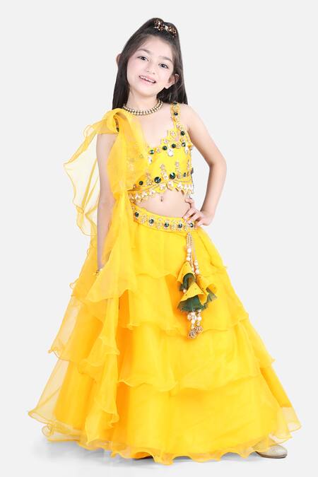 The Little Celebs_Yellow Organza, Satin Pearls, Stones Waistband Embroidered Lehenga Set _Online_at_Aza_Fashions