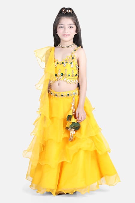 Buy_The Little Celebs_Yellow Organza, Satin Pearls, Stones Waistband Embroidered Lehenga Set _Online_at_Aza_Fashions