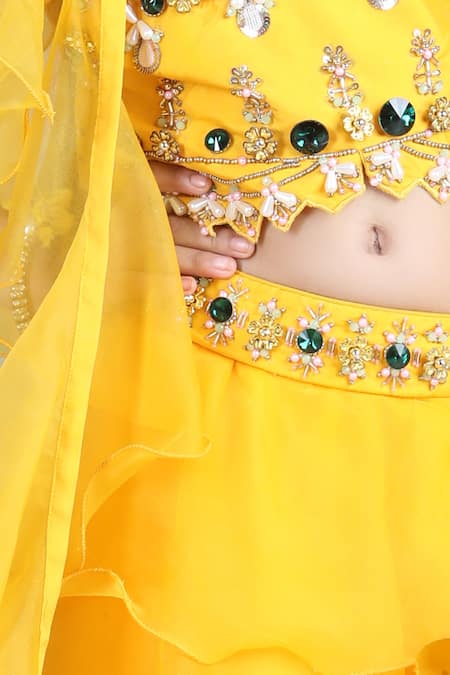 Shop_The Little Celebs_Yellow Organza, Satin Pearls, Stones Waistband Embroidered Lehenga Set _Online_at_Aza_Fashions