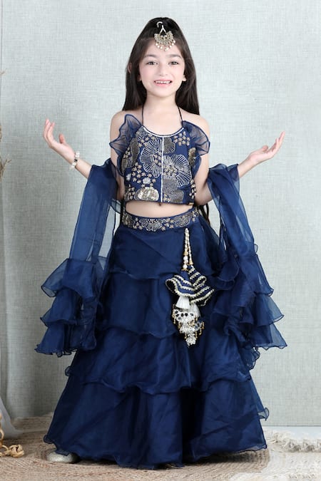 The Little Celebs_Blue Organza, Satin Sequins, Mirrors Ruffle Lehenga Blouse Set _Online_at_Aza_Fashions