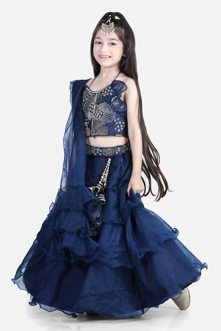Shop_The Little Celebs_Blue Organza, Satin Sequins, Mirrors Ruffle Lehenga Blouse Set _Online_at_Aza_Fashions