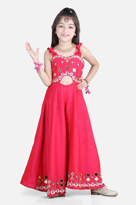 The Little Celebs_Pink Silk, Crepe Pearls, Stones, Beads Embroidered Jumpsuit _Online_at_Aza_Fashions