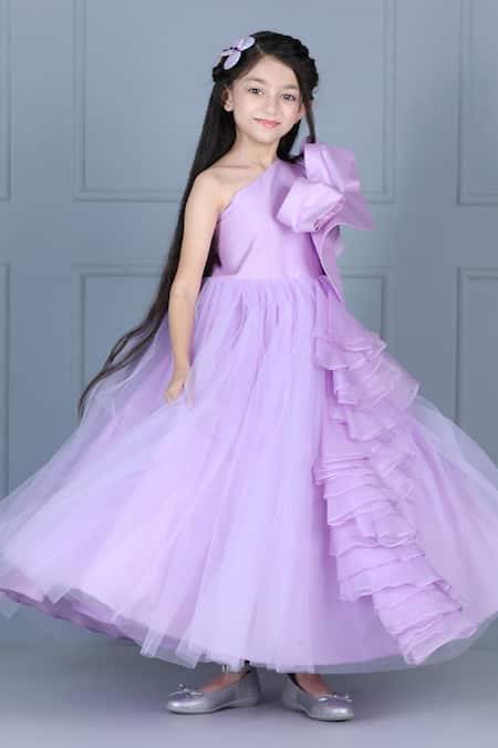 Buy_The Little Celebs_Purple Net, Satin Ruffles One Shoulder Detail Gown _Online_at_Aza_Fashions