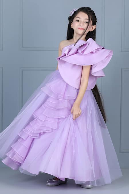 Shop_The Little Celebs_Purple Net, Satin Ruffles One Shoulder Detail Gown _Online_at_Aza_Fashions