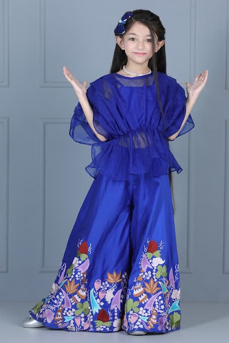 Buy_The Little Celebs_Blue Organza, Crepe Embroidery Pleated Top And Palazzo Set _Online_at_Aza_Fashions