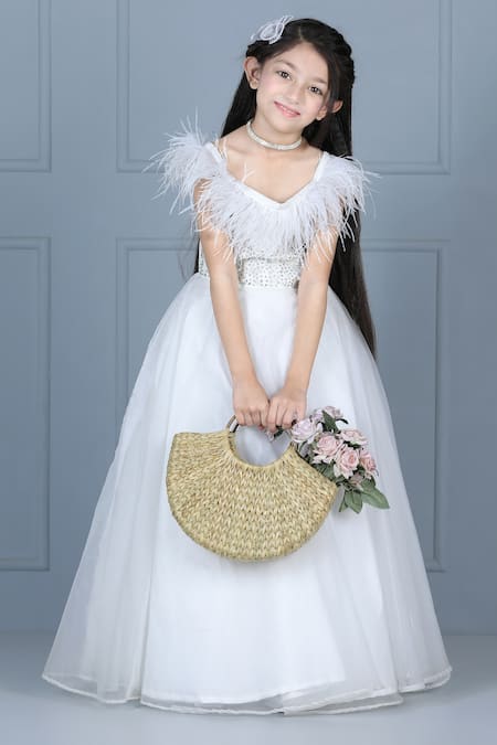 Buy_The Little Celebs_White Silk, Net Pearls, Smocking Embroidered Bodice Gown _Online_at_Aza_Fashions