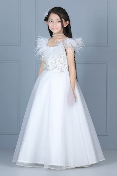Shop_The Little Celebs_White Silk, Net Pearls, Smocking Embroidered Bodice Gown _Online_at_Aza_Fashions
